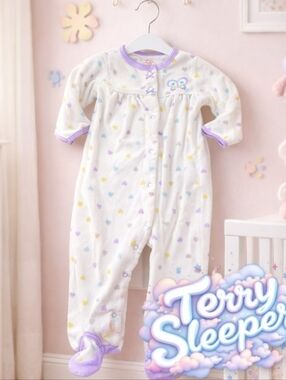 *1047 butterfly hearts terry cloth sleeper Girls 9 months